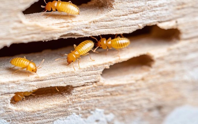 Termites tunnelling through pale timber
