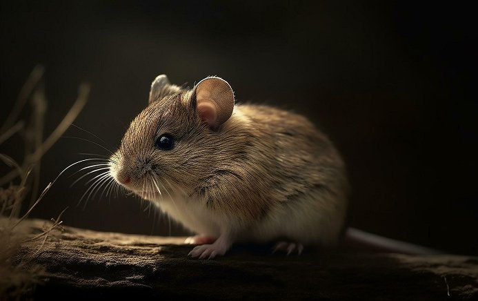 A mouse on a branch in low light