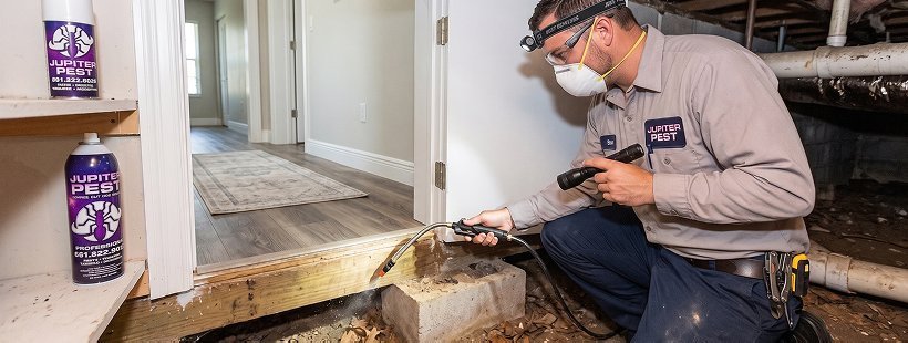 A technician inspecting a crawlspace with a torch