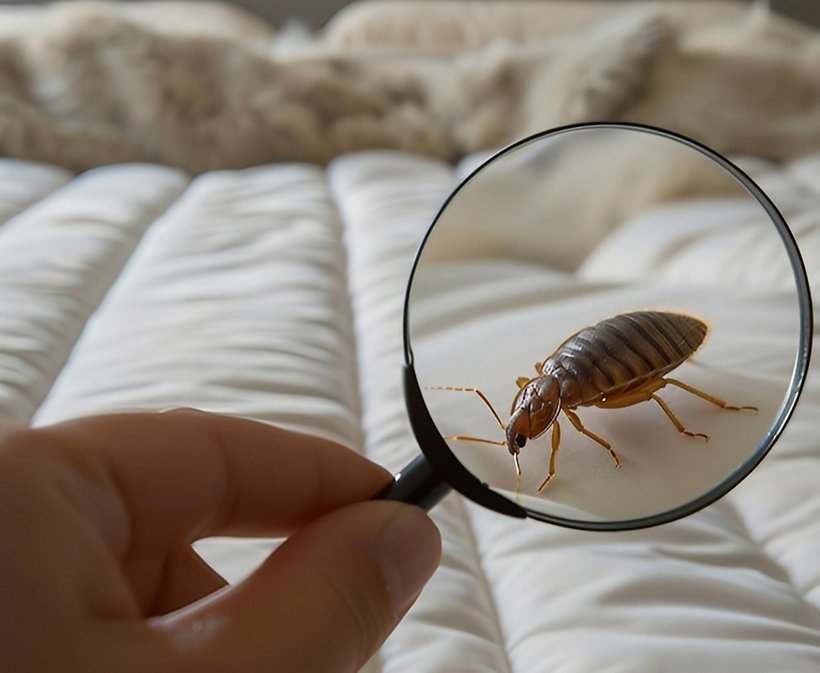 A magnifying glass held over a flea on a white mattress