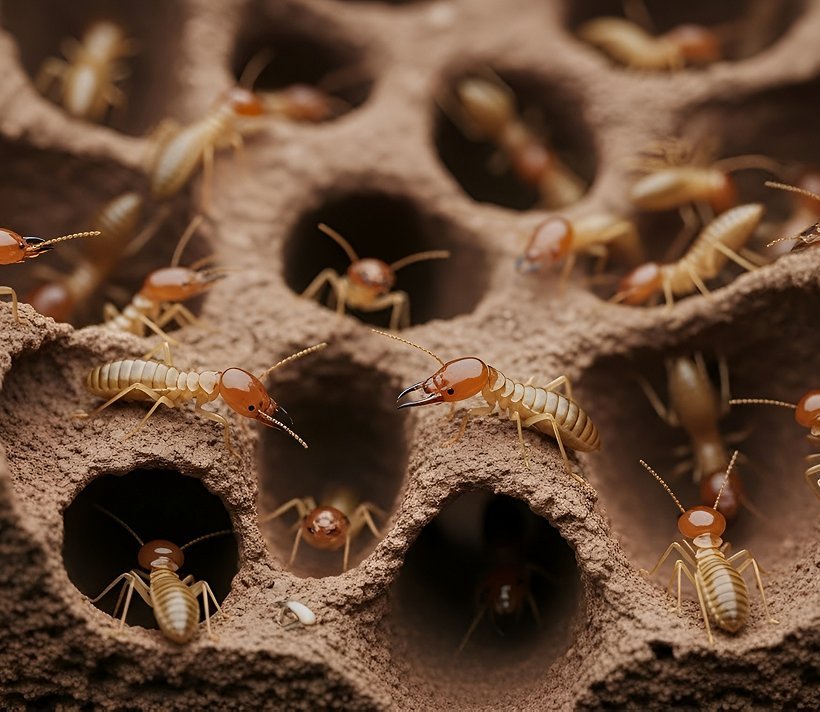 Termites in the chambers of a mud nest