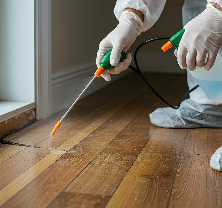 Gloved hands treating the join between a wooden floor and a baseboard