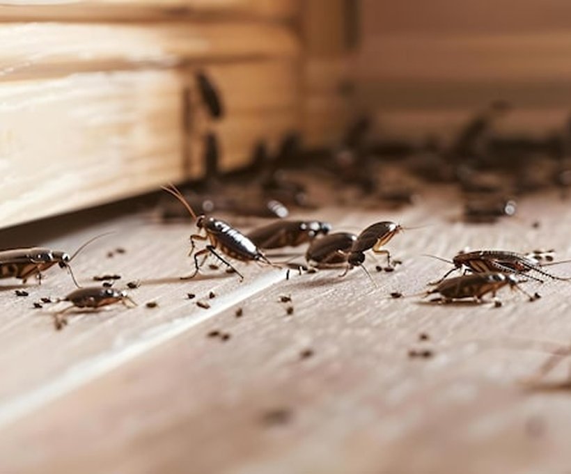 Cockroaches on a wooden floor beside a skirting board