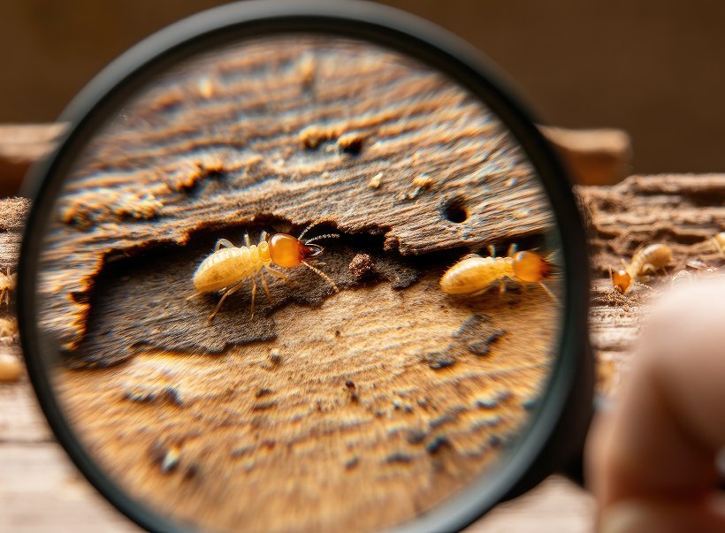 A magnifying glass held over termites tunnelling through timber